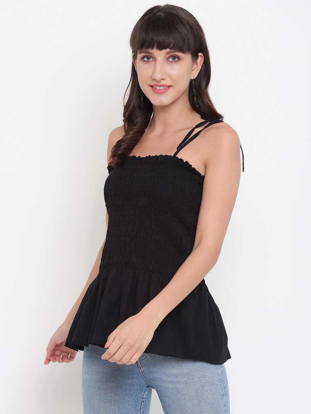 Bigdave Women's Rayon Solid Casual Summer Style Tie Shoulder Straps Free Size Tank Top (Black)