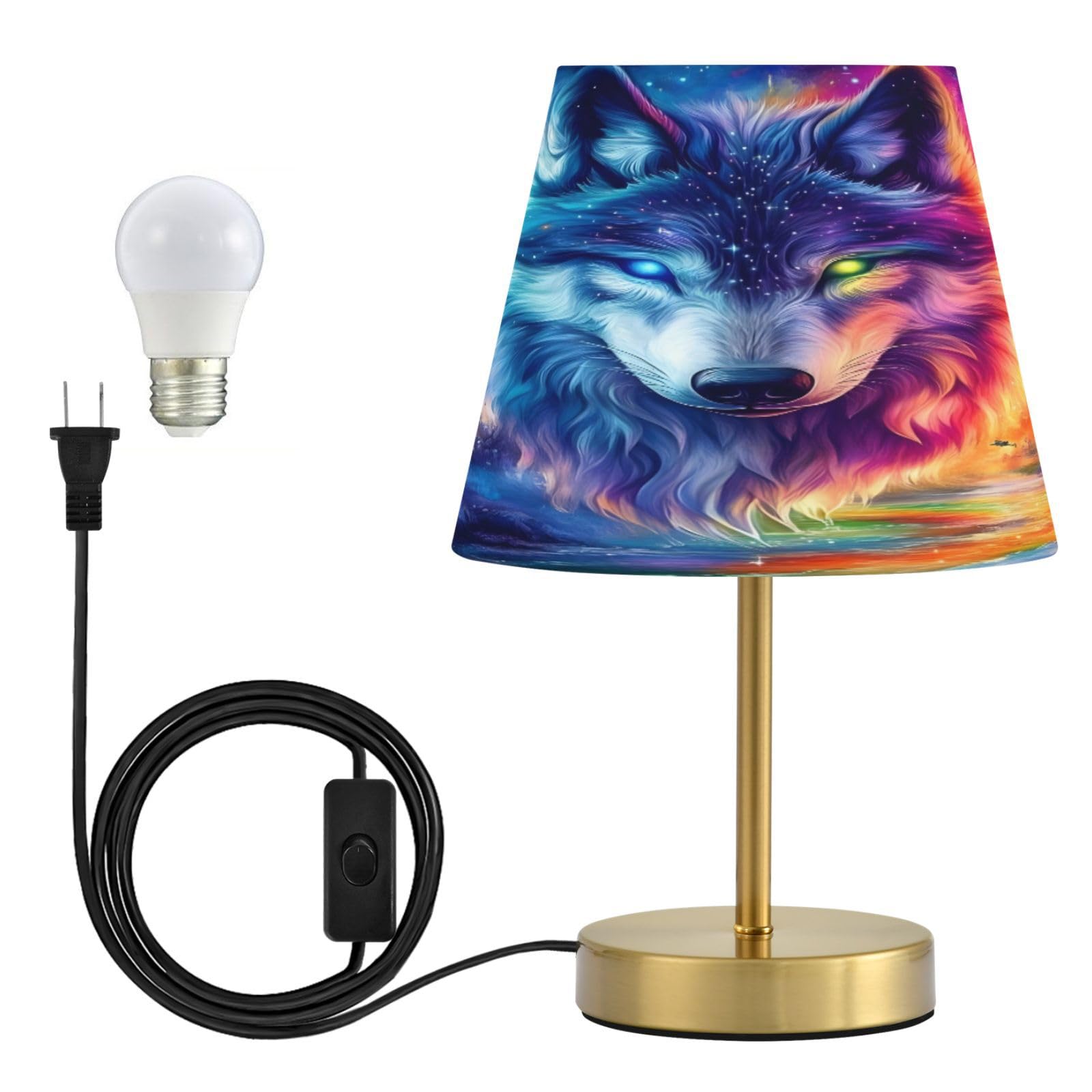 Tischlampe für Schlafzimmer, Nachttisch, Wolf, Galaxie, Waldfeuer, Nachttischlampe mit USB-Anschluss, Stoffschirm, dimmbar, Schreibtischlampen, Bronze, Metallsockel, Wohnzimmer
