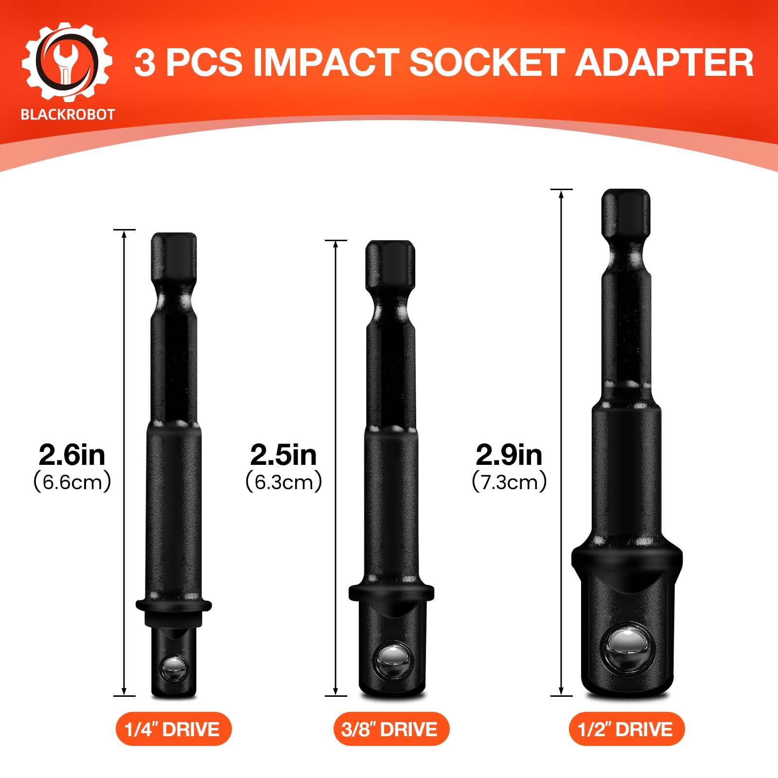 BLACKROBOT Adaptador de enchufe de impacto de 3 piezas, 1/10.2 cm, 3/20.3 cm 1/5.1 cm, juego de puntas de destornillador de extensión para bricolaje automotriz