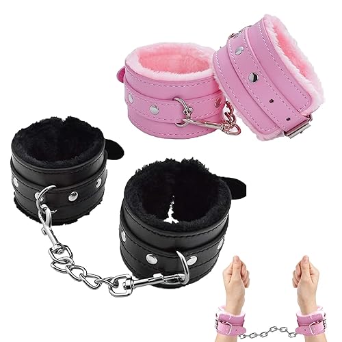 2 Paires de Menottes Kit, Sexy Hãndcûffs en Peluche Ajustables en Cuir Rose pour Adulte, Menottes Sexe Noir pour le Cosplay de la Police, le Jeu, les Costumes d'Adultes, Cadeau de Saint-Valentin
