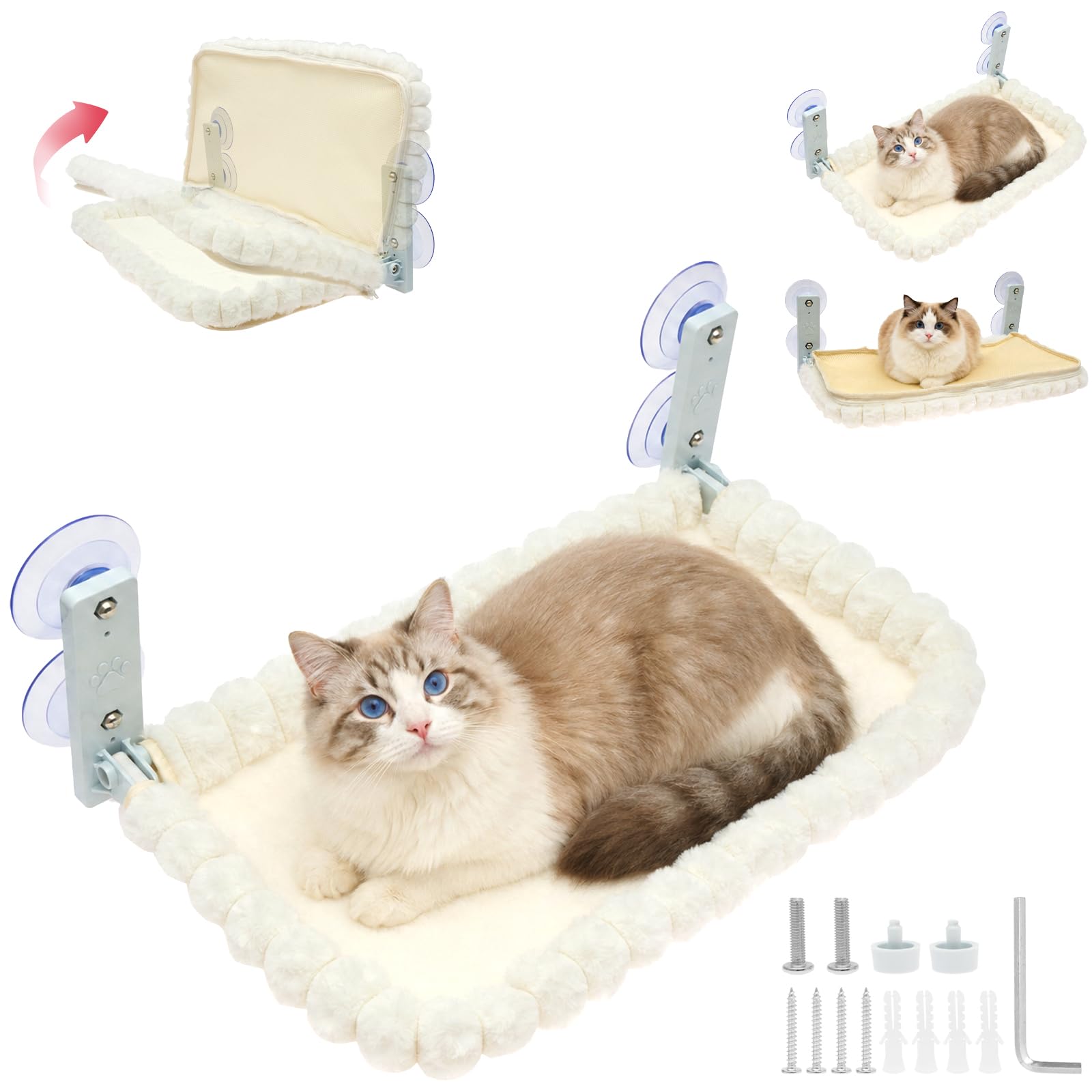 JETHMA Foldable Cat Window Perch, Reversible Plush and Mesh Hammock Bed with Chin-Rest Bolster, Holds up to 18kg, Suction Cups and Wall Screws Included(Rectangular (52 x 30 cm))
