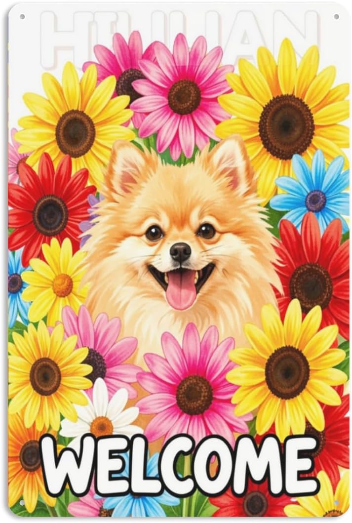 Pomeranian Welcome Tin Sign,Easy to Mount,Pre-Drilled Holes, Colorful Bloom Adorable Pomeranian Pet Wall Decor for Garden Bistro, Ranch Porch, Gift Patio 8"" x12