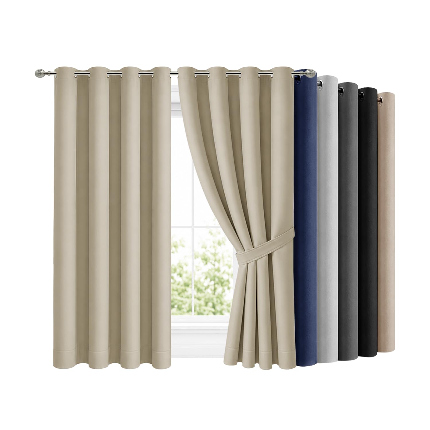 Hafaa Eyelet Blackout Curtains for Bedroom 46 x 72 Inch Ring Top Curtain Kitchen Window Treatment 2 Panels with Tiebacks Set, Cream