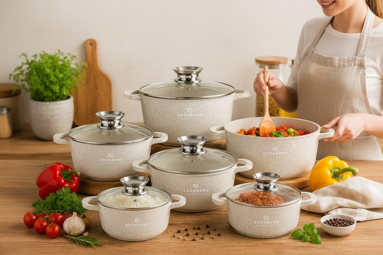 Beige Töpfe mit Marmor-Keramik-Beschichtung 12-tlg Induktion | induktions Töpfe Set, Kochtöpfe, Töpfe Induktion | Kochgeschirr Set, Topfset induktionsgeeignet EB3916