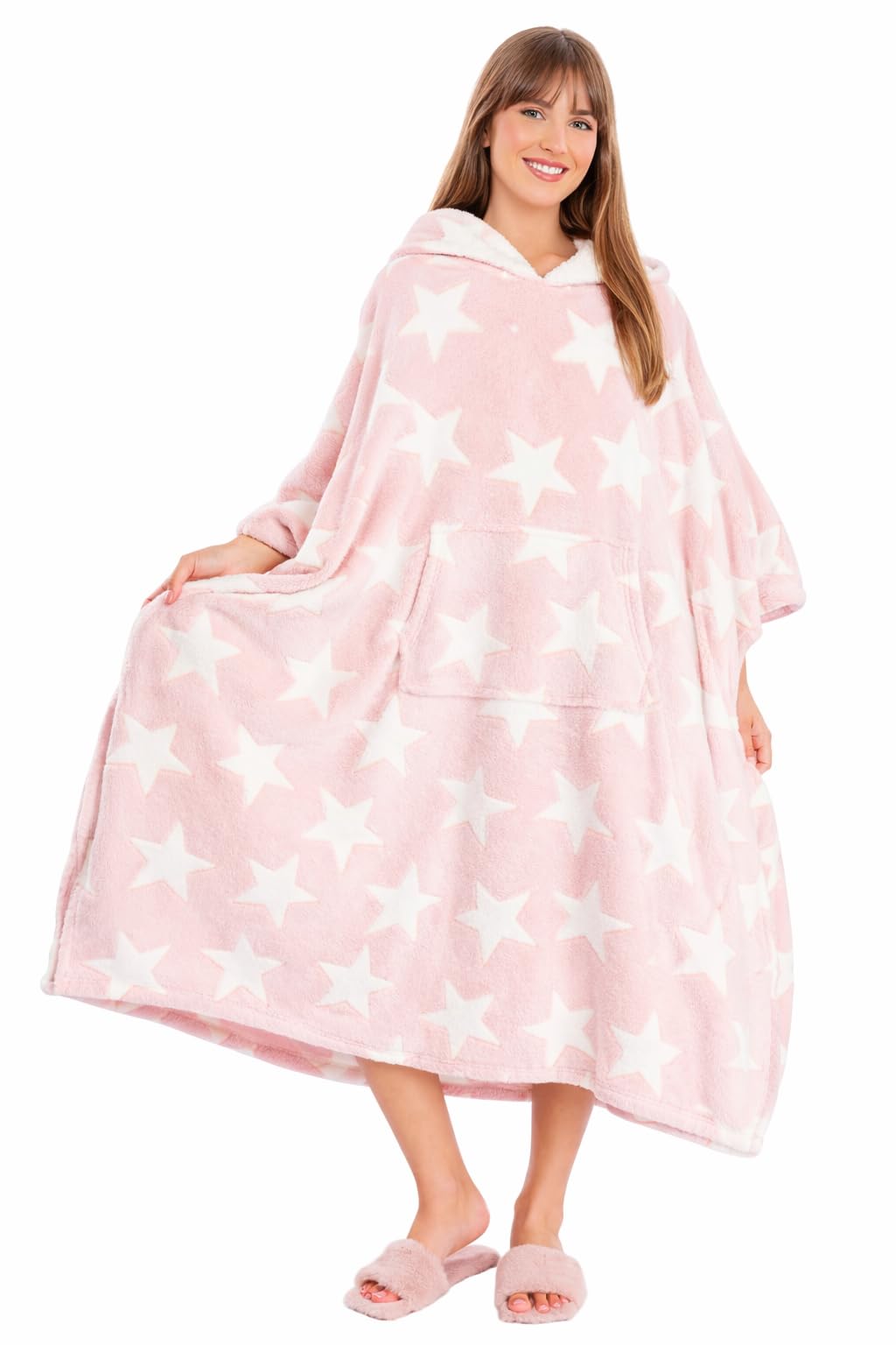 i-Smalls Oversized Sherpa Hooded Blanket Poncho - Soft Fleece Star Print Wearable Throw with Kangaroo Pocket - Warm Cosy Lounge (Star)
