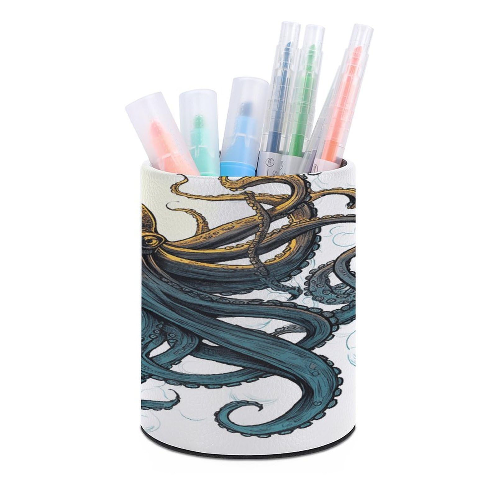 VstaDank Sun Ocean Octopus Pen Holder PU Leather Pencil Cup Minimalist Desk Pencil Holder Round Make Up Brush Organizers For Office Dorm Room&Vanity Desk Accessories
