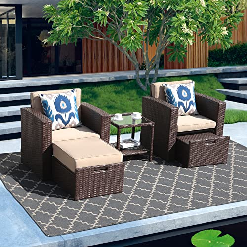 Super Patio 5 Piece Outdoor Patio Furniture Set, PE Wicker Rattan Small Patio Set Balcony Furniture, Patio Chairs with Ottomans, Tempered Glass Side Table, Beige Cushions, for Porch, Deck, Poolside Super Patio 5 Piece Outdoor Patio Furniture Set, PE Wicker Rattan Small Patio Set Balcony Furniture, Patio Chairs with Ottomans, Tempered Glass Side Table, Beige Cushions, for Porch, Deck, Poolside
