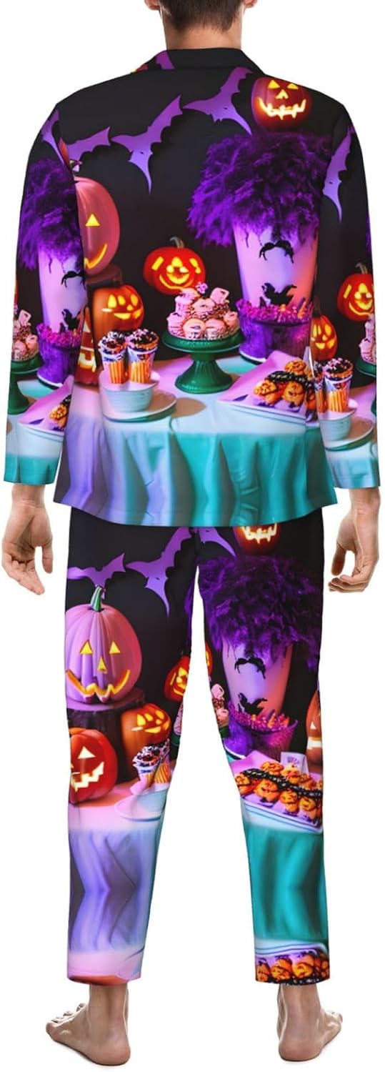 Mens Halloween Carnival Party Print Pajamas Long Sleeve Pjs Sleepwear Soft Comfy Loungewear Sets 2 Piece Nightwear