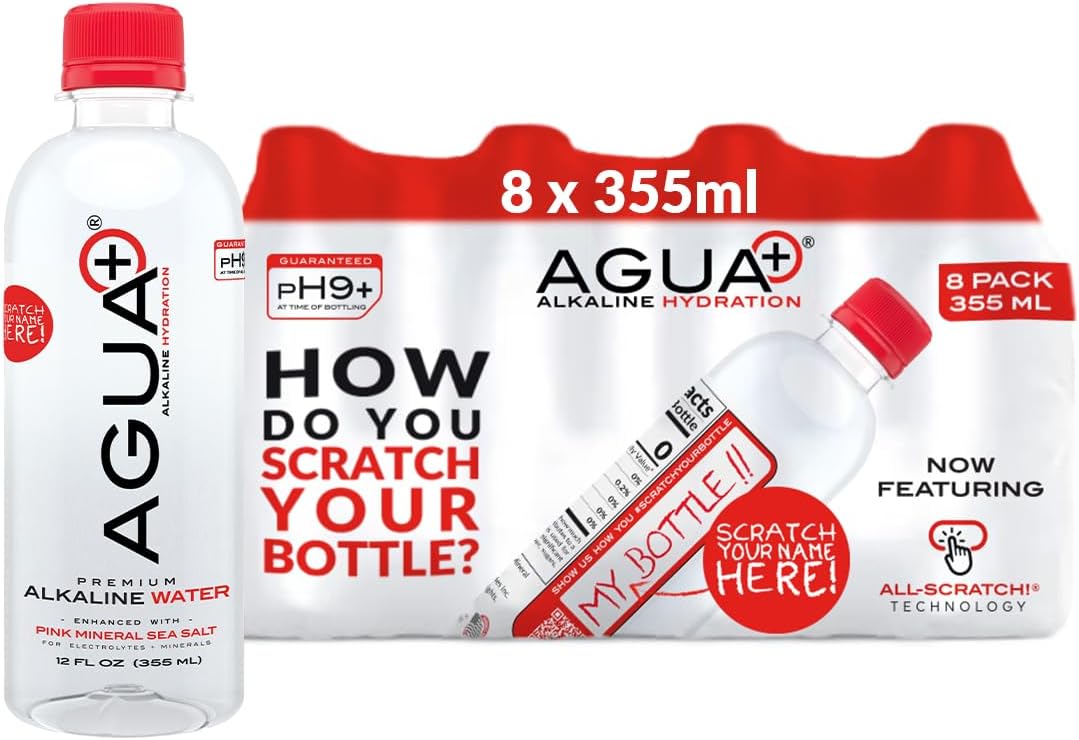 Agua Plus pH9+ Alkaline - 12 fl oz (355mL) Bottles - Enhanced with Pink Mineral Sea Salt for Electrolytes and Minerals - Recycled Plastic and USA Made - 8 Pack