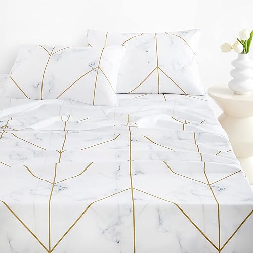 Miniatura 1 de Wake In Cloud - Juego de sábanas de mármol, gris gris, negro y blanco con líneas geométricas doradas, patrón moderno impreso, ropa de cama de