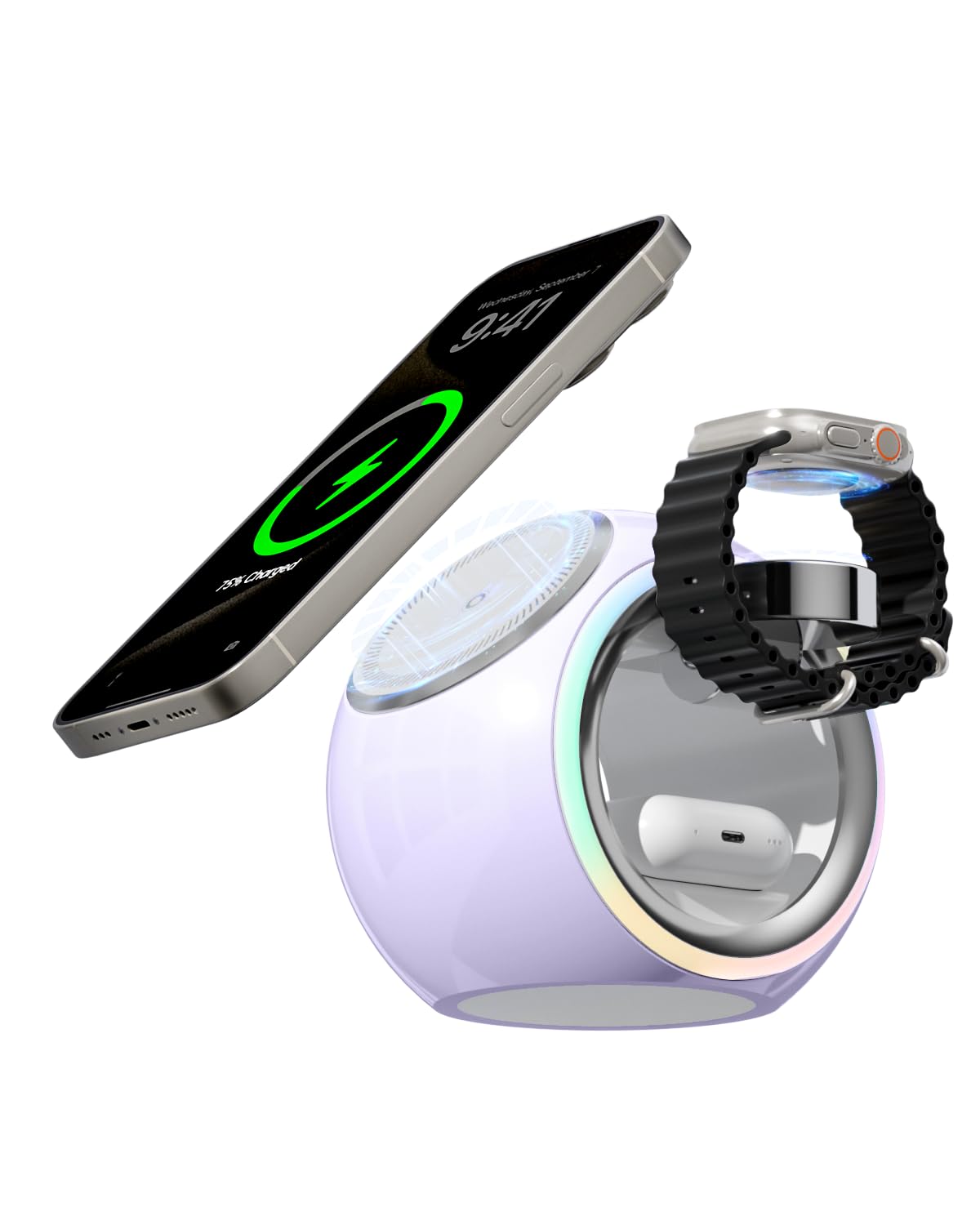 Kuulaa3 in 1 Charging Station for Apple Devices, Mag-Safe Wireless Charger for iPhone Apple Watch and AirPods, Magnetic Charger for Android Samsung Smartwatch and Earphones (Purple)