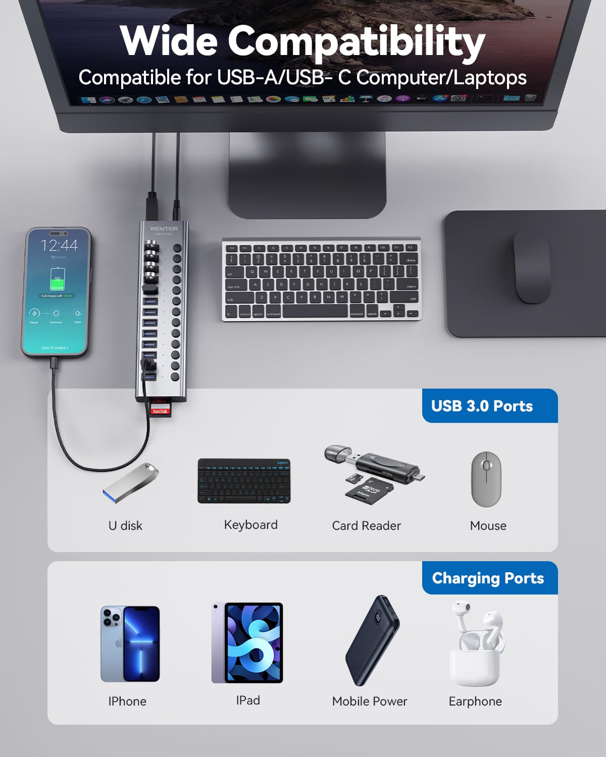 Hub USB 3.0 con alimentación, Wenter 13 puertos con lector de tarjetas SD/TF, divisor USB de aluminio con interruptores individuales de encendido/apagado, adaptador de corriente de 12 V/3 A de 36 W