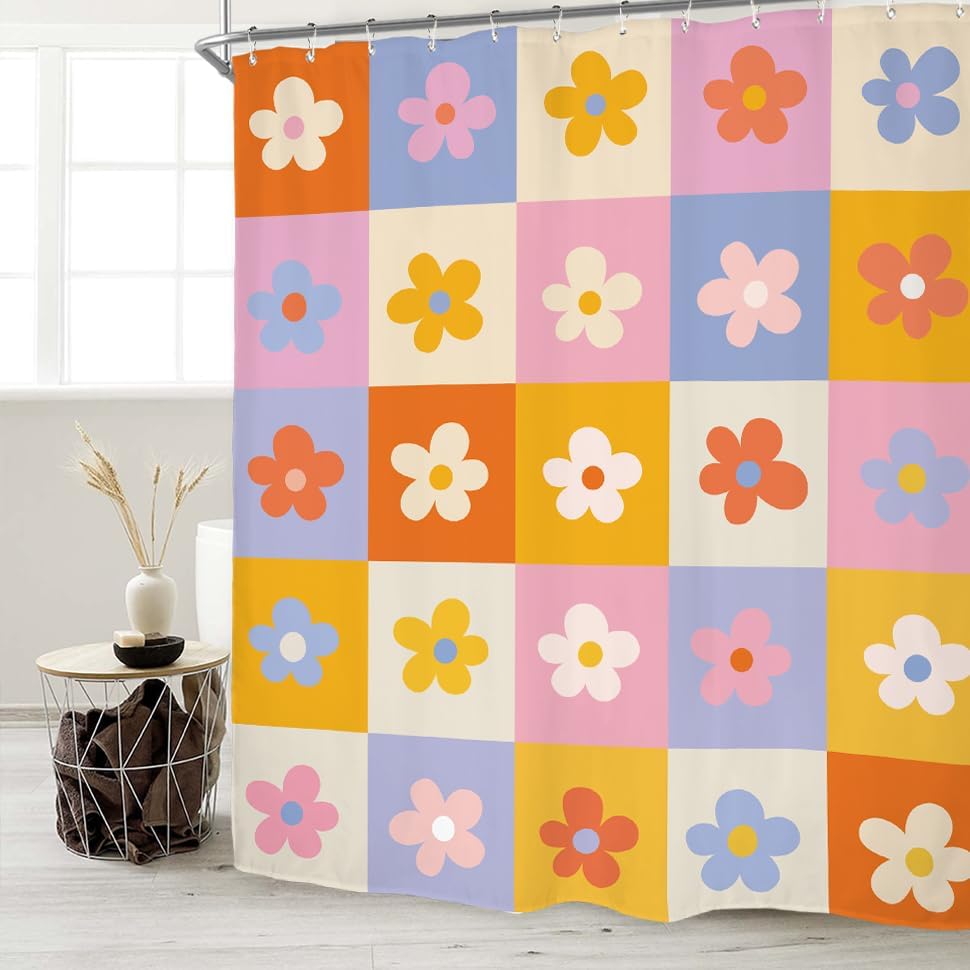 Miniatura 2 de Miyotaa 70s Groovy Funky - Juego de cortina de ducha de 60 pulgadas de ancho x 71 pulgadas de alto, colorido, retro, a cuadros, moderno, pastel,