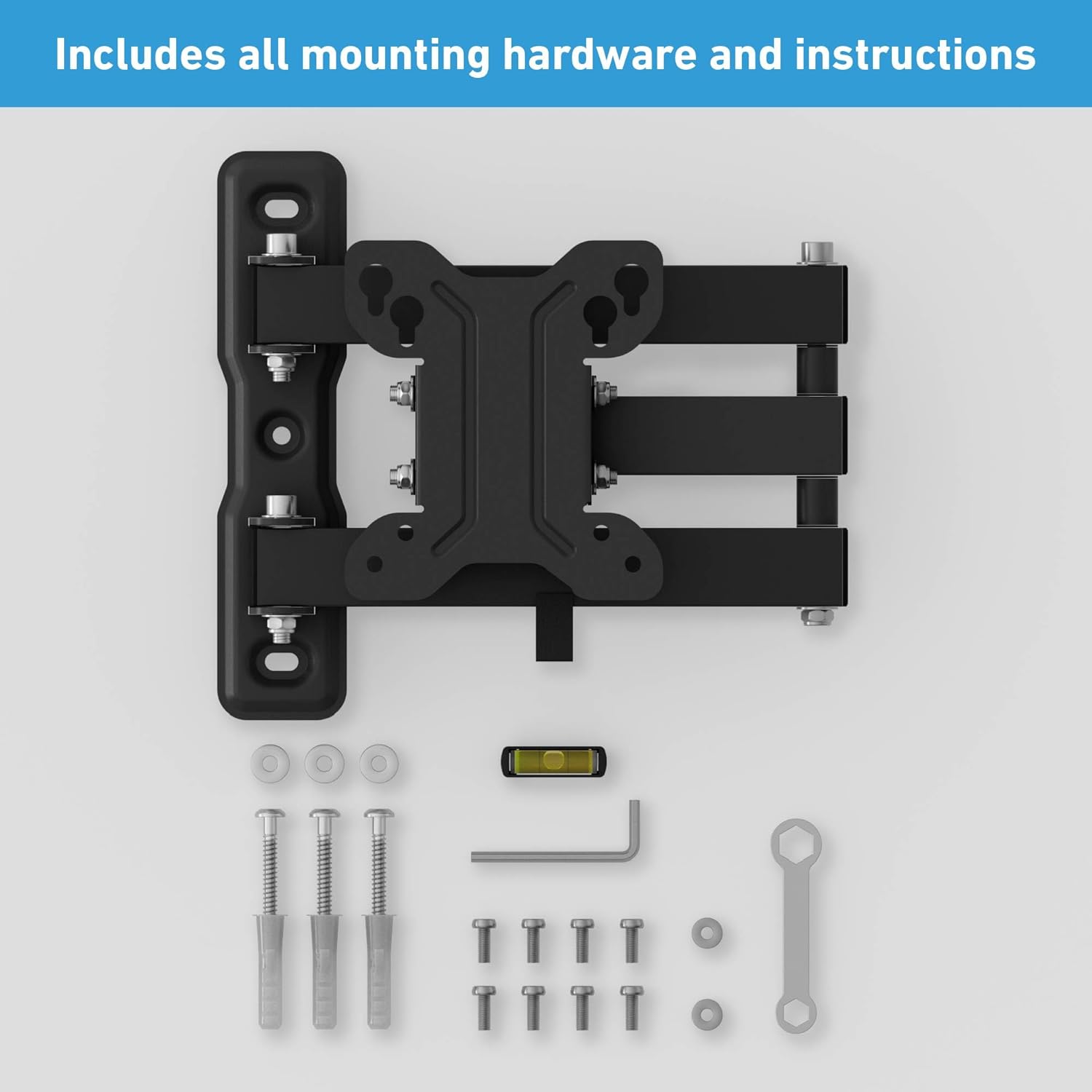 Contents of the D-Line Full Motion TV Wall Bracket package, including the bracket, various screws, a spirit level, spanner, and Allen key.