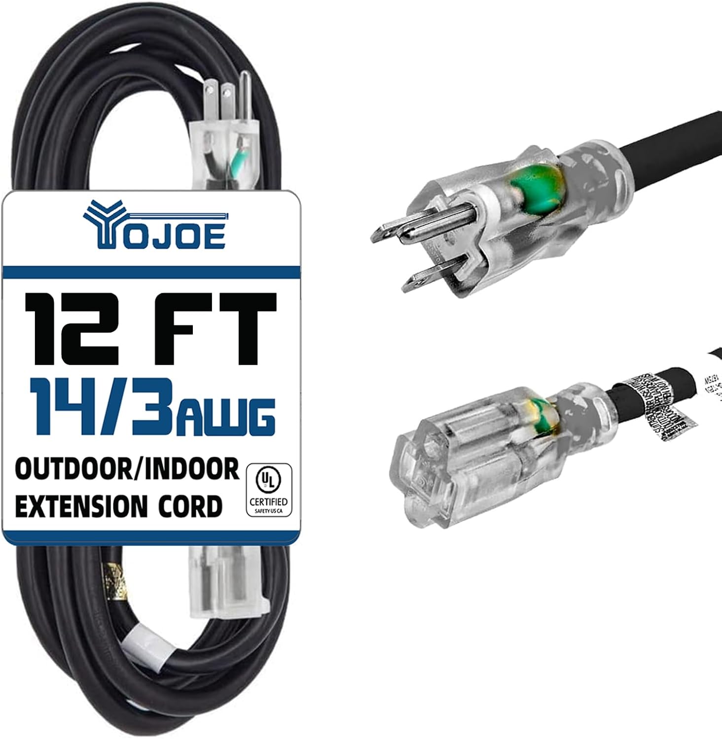 YOJOE Indoor Outdoor Extension Cord with Lighted End, 3 Prong 15A Weatherproof Power Cord, 14 Gauge Heavy Duty 10 ft Black Extension Cord for Garage, Garden and Home, 14/3 SJTW UL Listed