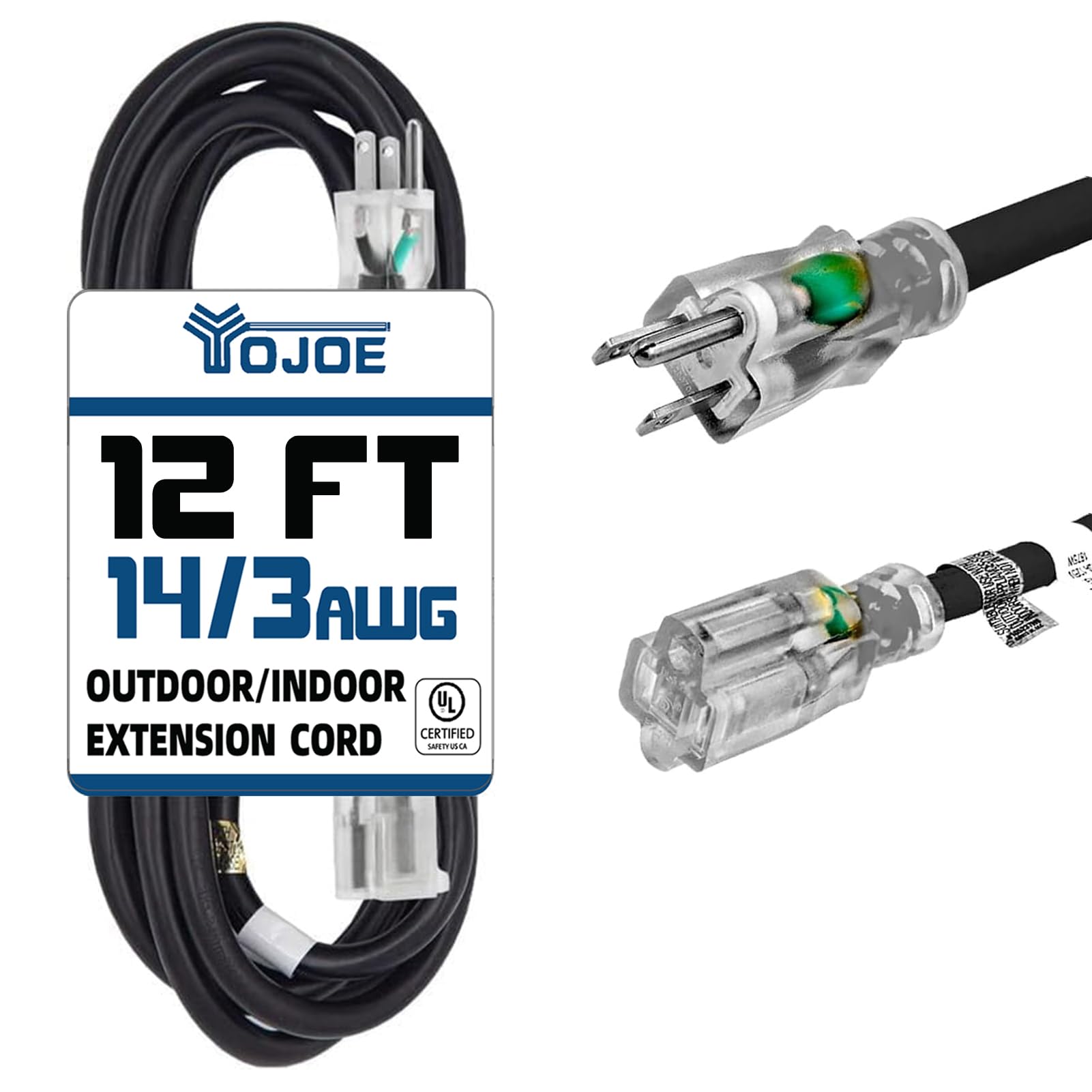 YOJOE - Cable de extensión para interior y exterior, con extremo iluminado, cable de alimentación resistente a la intemperie, calibre 14, cable de extensión negro de 3 m, para garaje, jardín y