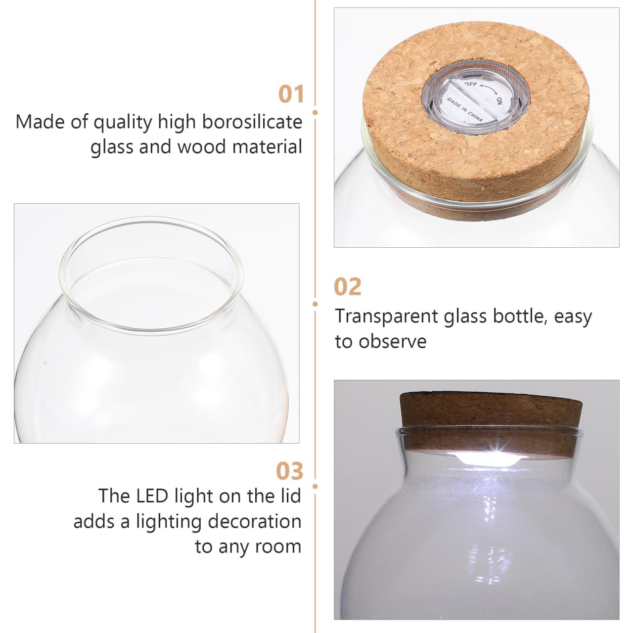 Nuobesty, barattoli in vetro con coperchio in sughero e luce a LED per piante fai da te, matrimoni, feste, artigianato, decorazioni natalizie