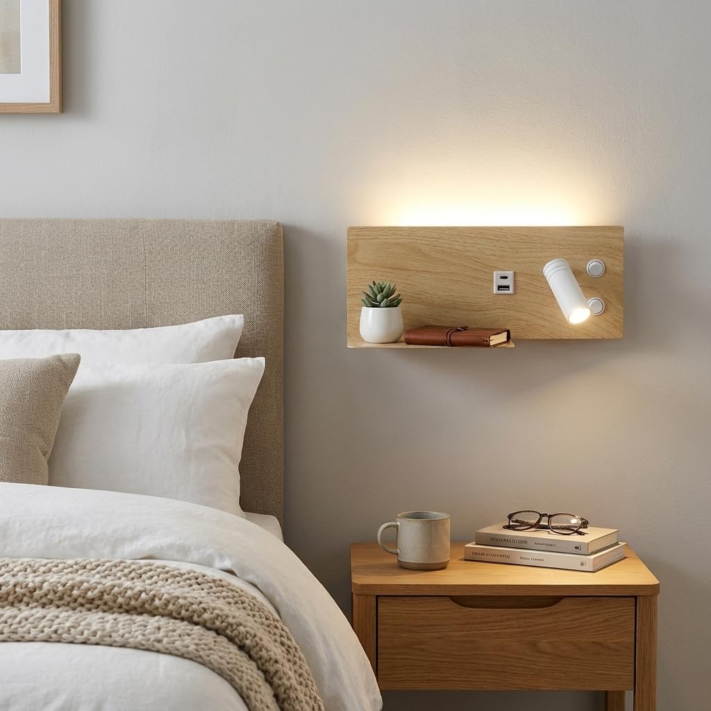 Alpinaluz Aplique de Pared con Foco Derecho, Luz LED de Lectura y Ambiente 2700K, USB-C y USB-A, Repisa para Móvil, Acero con Acabado Madera Clara, Doble Interruptor para Dormitorio Cabecero