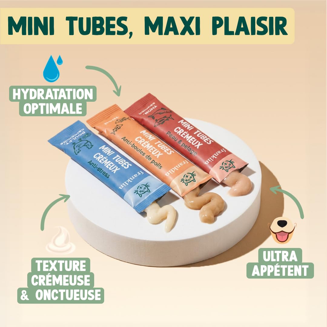 FRANKLIN – Tube Crémeux Chat – Multipack Creamy Snack – Saveurs Poulet, Thon, Saumon – Texture Crémeuse et Onctueuse – Ingrédients 100% Naturels – Faible en Calories – 30 Tubes x 15g