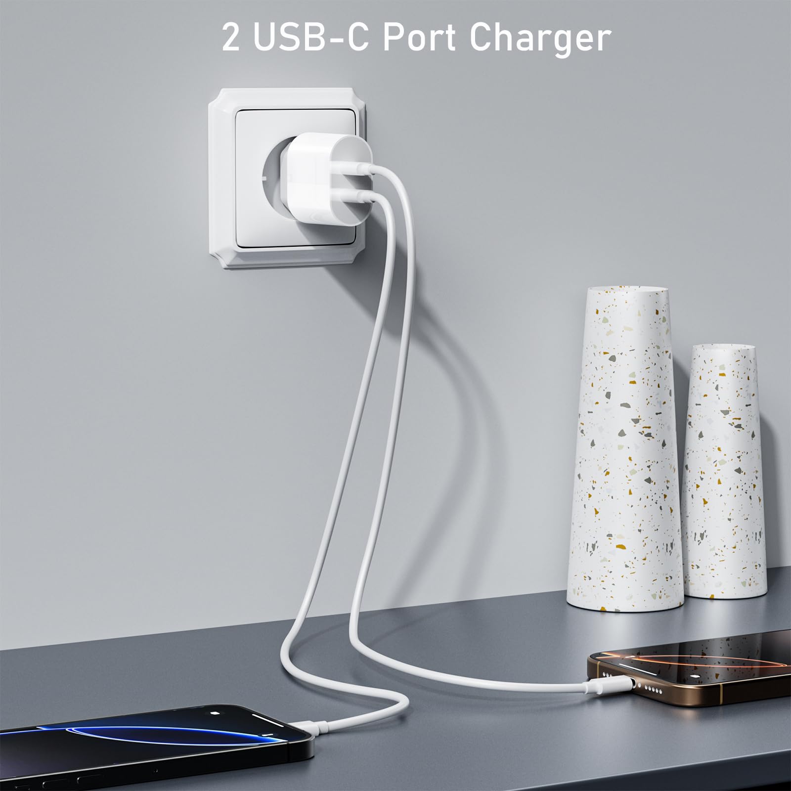 Caricatore USB C 20W 2-Porto Presa per iPhone 17/17 Air/17Pro/17 Pro Max/16/15/14/13/12/11 Plus Mini SE X XS XR, Samsung Galaxy, Alimentatore Spinotto Trasformatore USB C