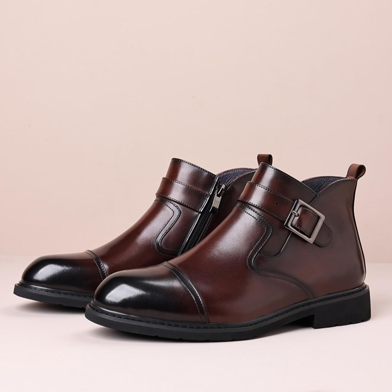 Men's Leather Low Heel Dress Chelsea Ankle Boots Fashion Side Zipper Comfort Cap Toe Non-Slip Block Heel Winter Warm Boots Formal Business Wedding Evening Monk Strap Chukka Boots