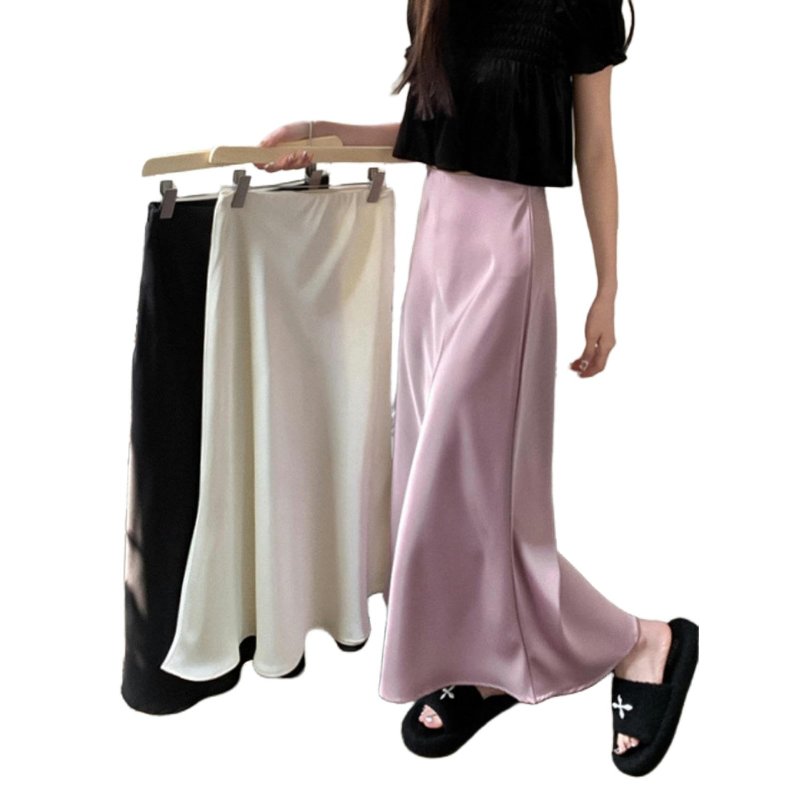 TEidea Gonna Lunga Donna Stile di Moda, Gonna in Raso Lungo, Elegante Gonna A Una Linea A Colori Solida in Vita Alta per La Donna Casual di Ufficio