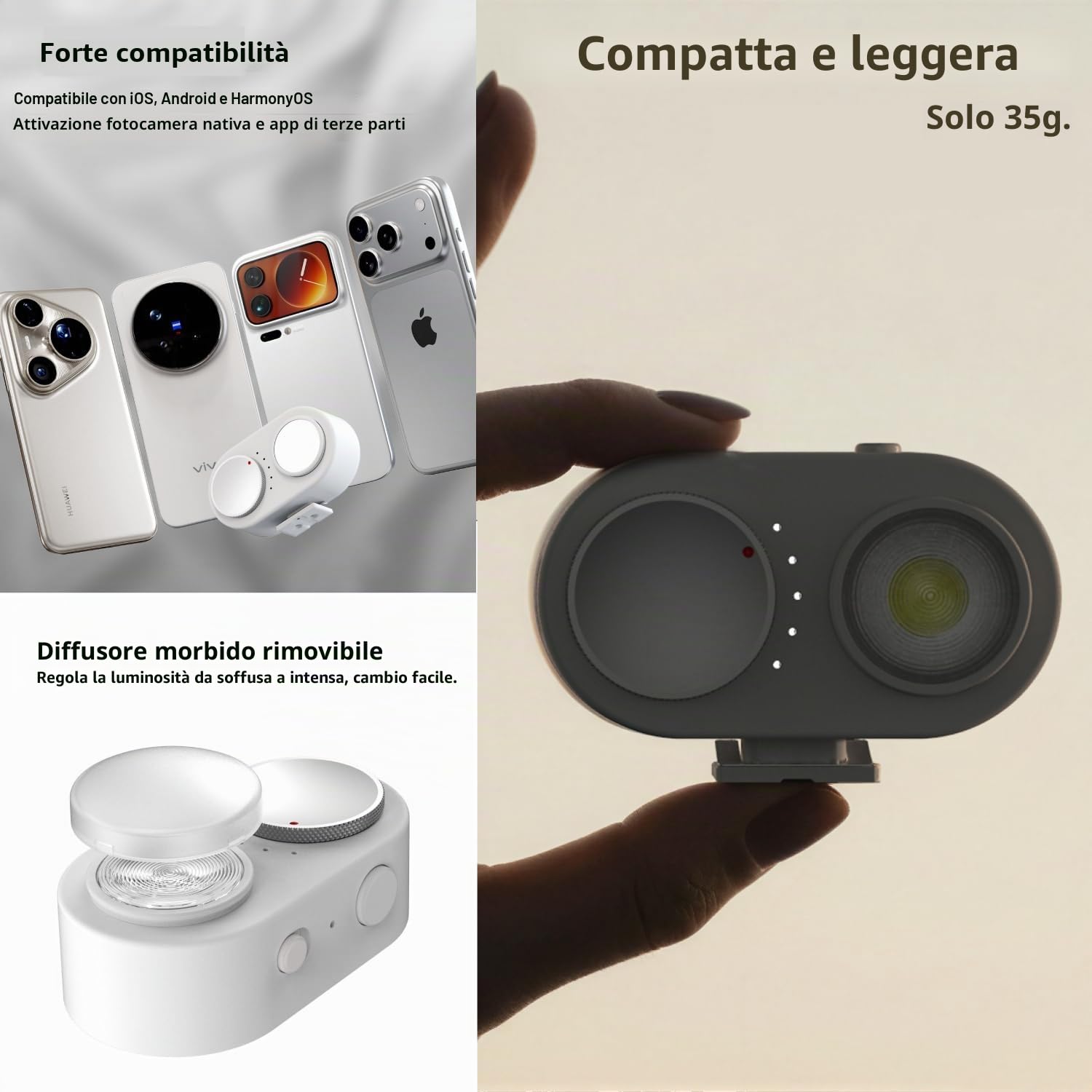 Fotogear FL01 COB - Luce flash per cellulare, 15 W, adesione magnetica, 35 g, 5700 K/92 + CRI, compatibile con iOS/Android per luce notturna, ritratto e fotografia di prodotto