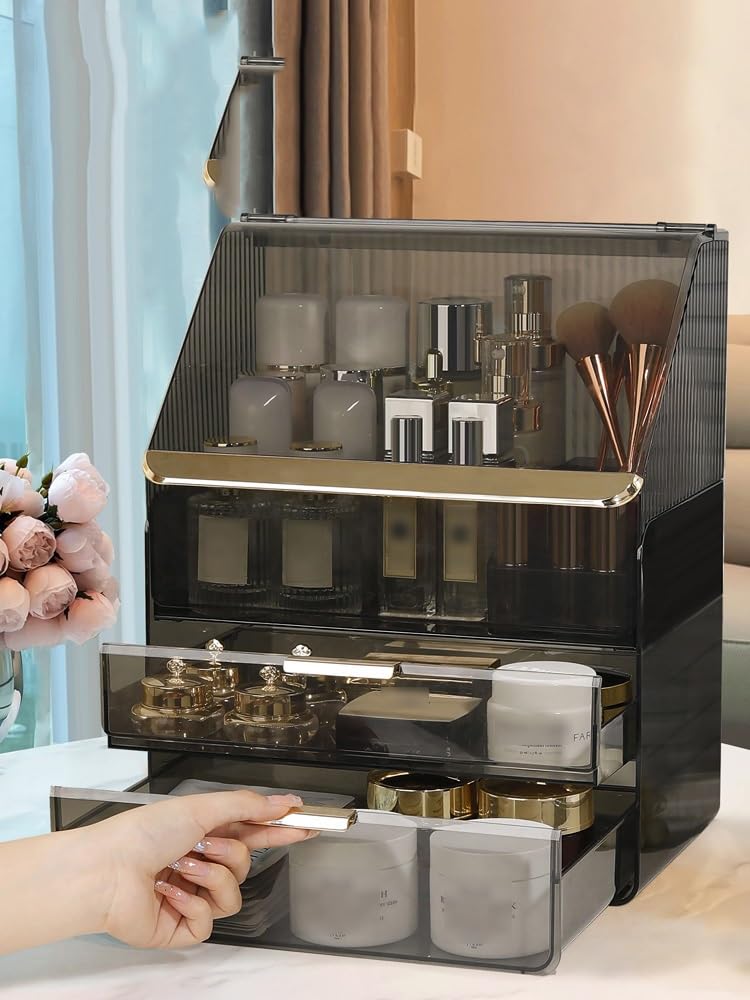 Caja organizadora de maquillaje, vitrinas acrílicas para cosméticos con 2 cajones y caja de almacenamiento de gran capacidad para el cuidado de la piel, organizadores de maquillaje y almacenamiento