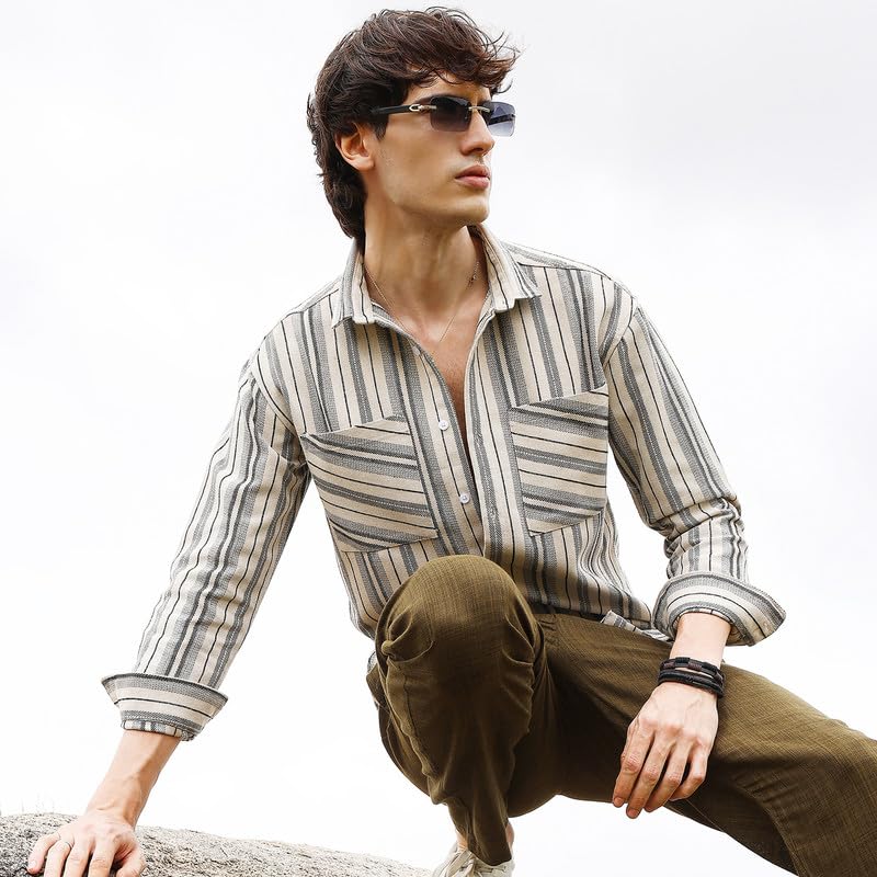 Image of CAHOOT Men's Multitrack Striped Oversized Shirt for Casual Wear | Spread Collar | Long Sleeve | Button Closure | Oversized Shirt Crafted with Comfort Fit for Everyday Wear