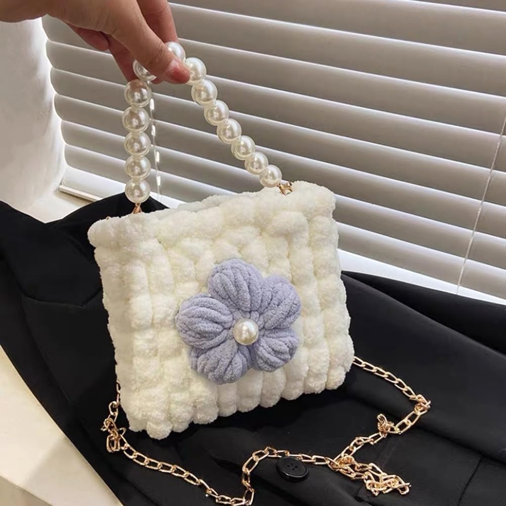 WADORN DIY Crochet Handbag Making Kit, Hand-Knit Woven Tote Bag Making Kit Mesh Plastic Canvas Sheets Needlepoint Kit Handmade Shoulder Bag Making All Tool Yarns Bag Crafting Material, White