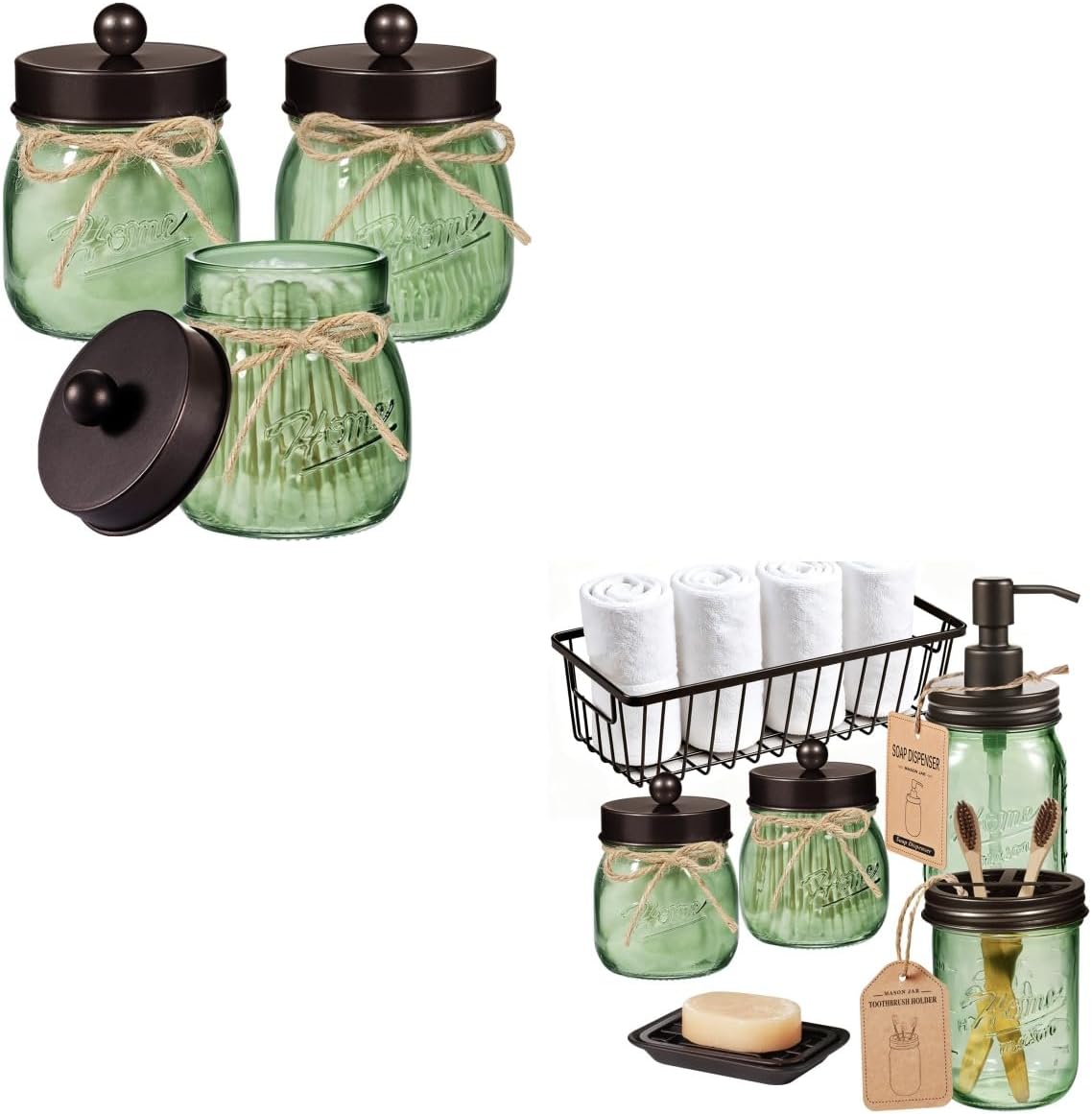 SheeChung Mason Jar Bathroom Accessories Set, Soap Dispenser and Toothbrush Holder Set & 3Pcs Green Glass Qtip Holder Dispenser, Bathroom Canisters, Rustic Farmhouse Decor