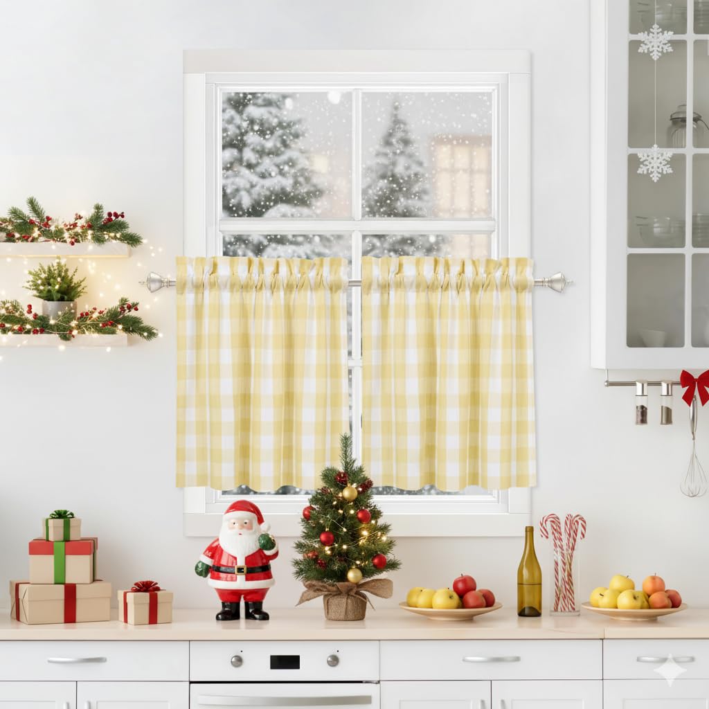 Cortinas De Café A Cuadros Amarillos, Cortina De Cocina De 24 Pulgadas De  Largo, Con Bolsillo, image size:1024x1024