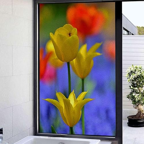 Película decorativa para ventana, película de privacidad de primavera, película electrostática sin pegamento, patrón de flores de tulipán