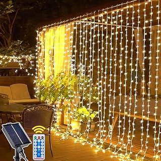 yowin Solar Curtain Lights 3M x 3M 300 LED Gazebo Lights with Remote, 8 Modes Solar Garden Lights Waterproof Wall Fairy for Balocony Fence Pergola Mauquee Wedding Party Decorations - Warm White