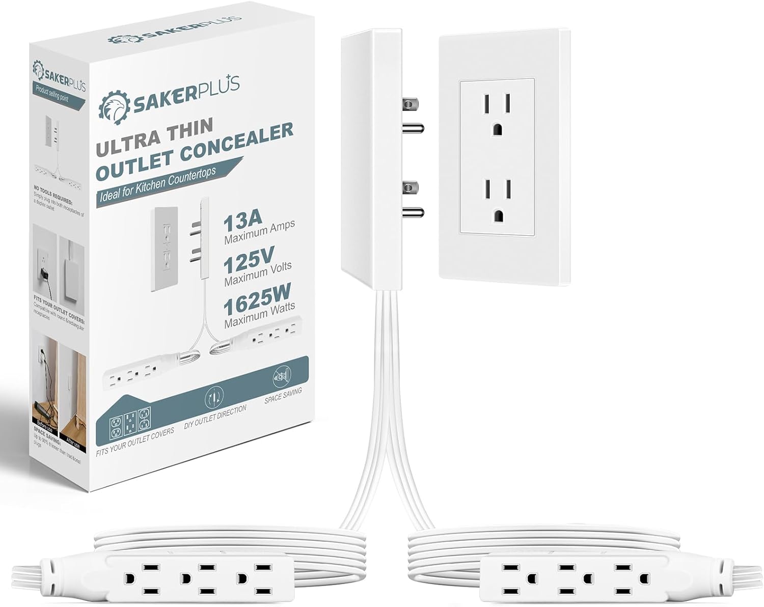 Outlet Concealer Power Strip-Outlet Cover Extender with 3AC Outlets-5ft Flat Plug Extension Cord,Universal Size,1625W for Kitchen, Home and Office,Child & Pet Safe(Dual 5 Foot)