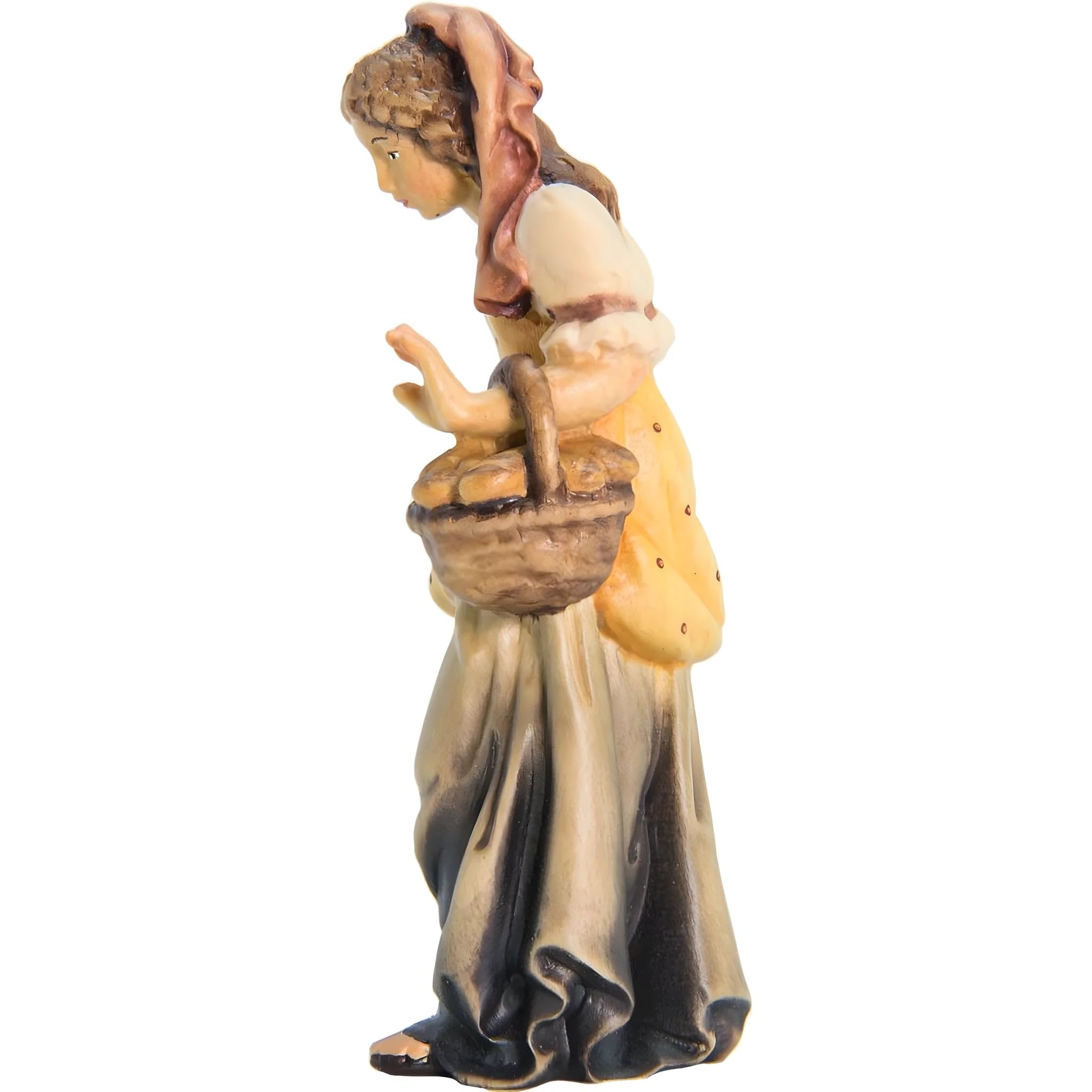 Pastora con jarra de agua y cesta de fruta de madera 18 cm | Madera pintada a mano en Val Gardena | Belén y Natividad
