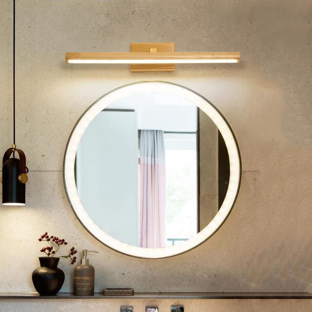 Madera Lámpara de Espejo para Baño LED, 8W 40cm Aplique de Baño Espejo LED 360° Giratorio Lámpara de Pared para Dormitorio Escaleras Pasillo (Blanca Cálida 3000K)