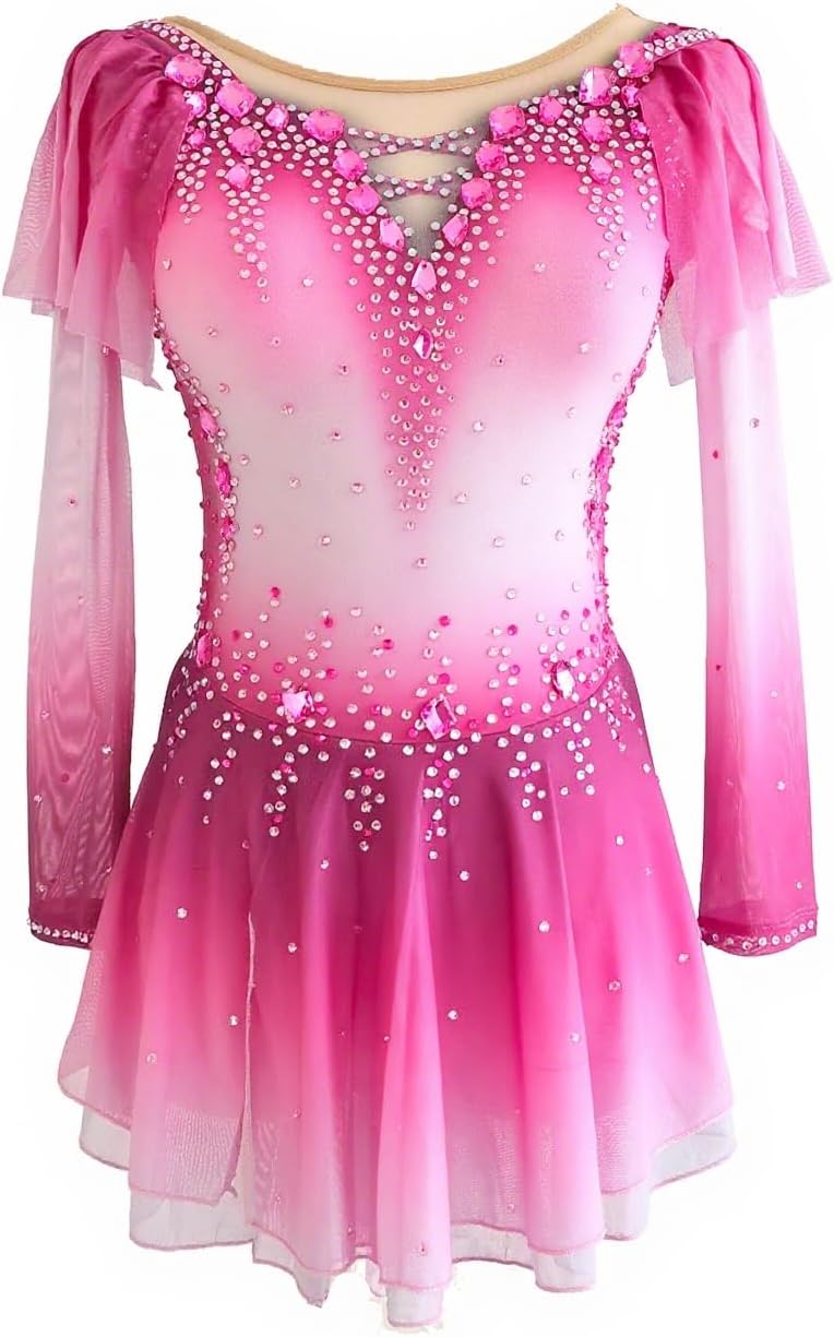 Figure Skating Dress Girl's Long Sleeves Handmade Customized Competition Performation for Adlt and Child
