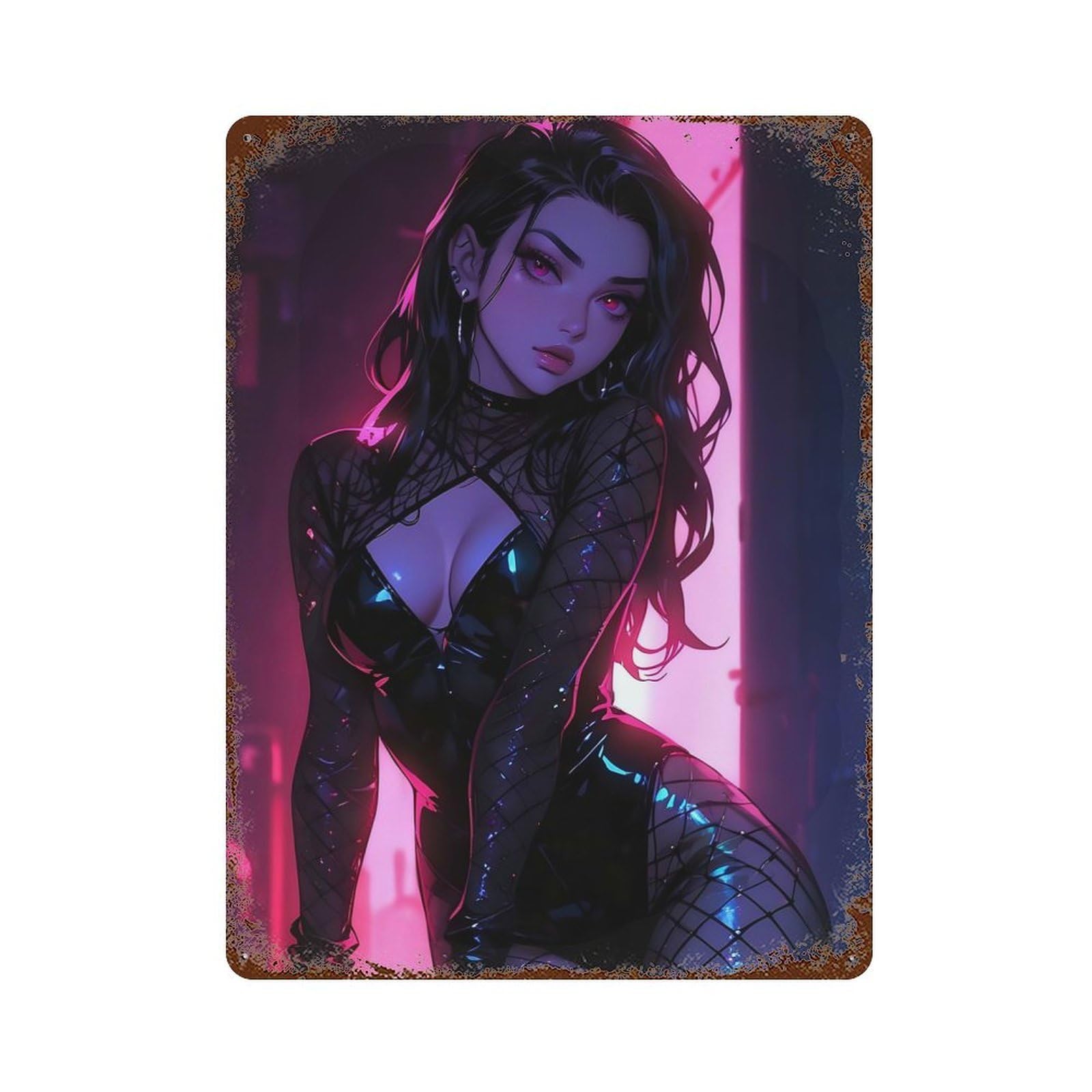 Hot Anime Fishnet Waifu Aged Metal Wall Plaque 15.7"x11.8", Rustic Home Decor for Garage, Pub Or Kitchen