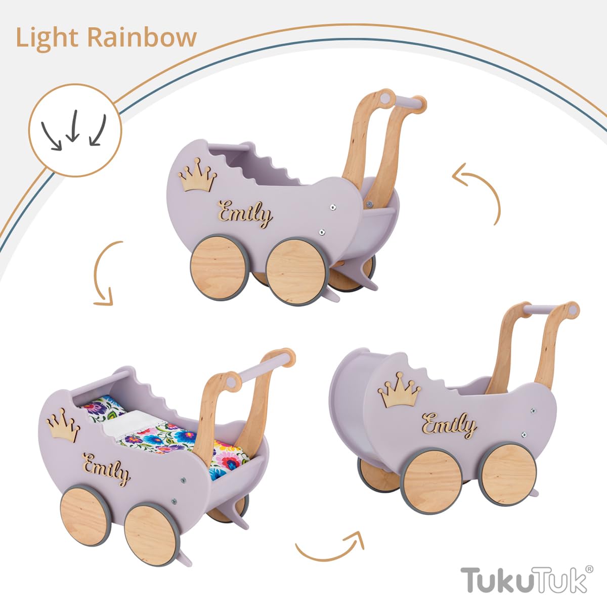 Puppenwagen ab 1 Jahr - Individuell mit Namen - Handgefertigter Puppenwagen - Holzpuppenwagen - Sicher Abgerundete Kanten - Ausdrucksstarke und Schöne Farben (Lavendel)