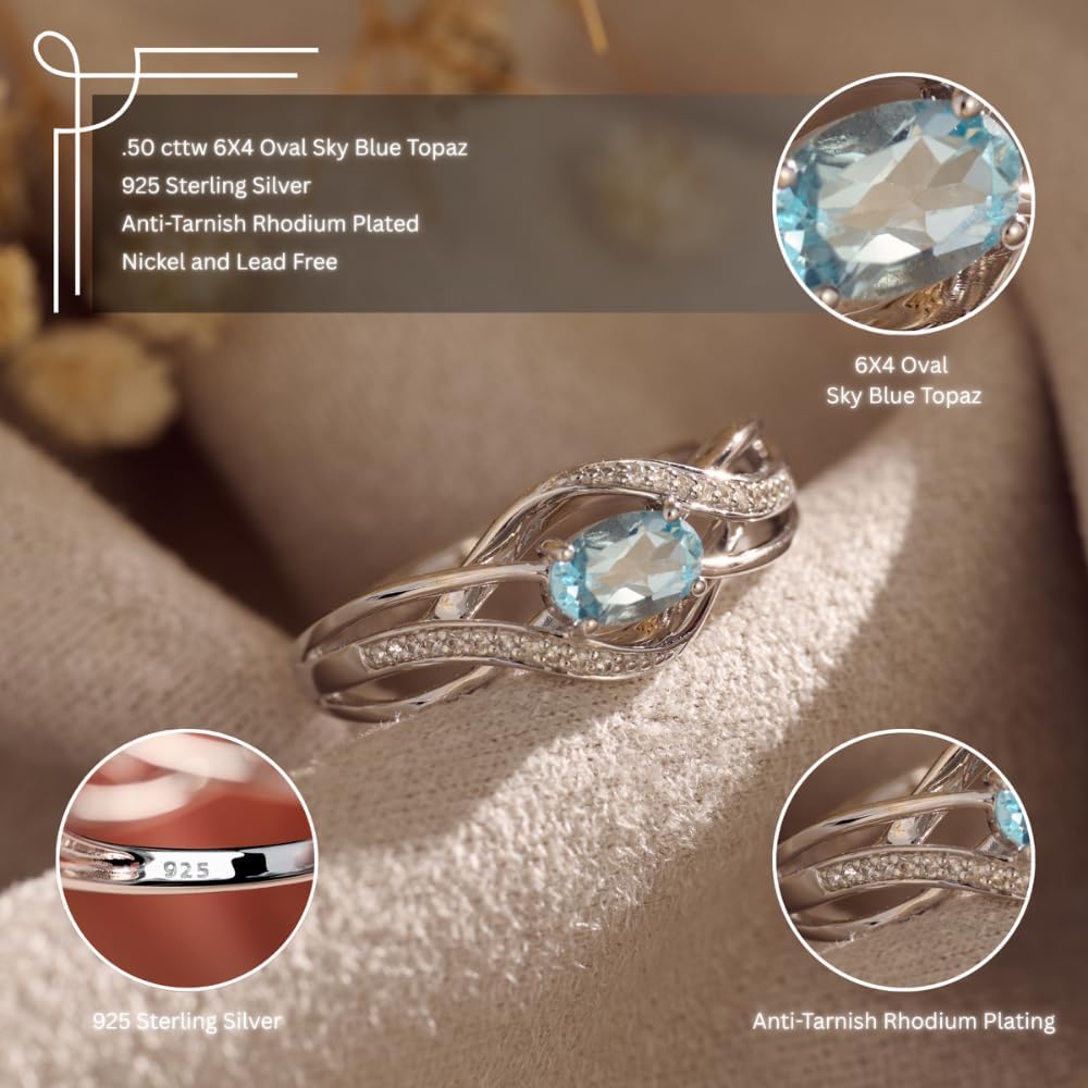 Oval Cut Gemstone Birthstone Interwoven Promise Ring in 925 Sterling Silver | Birthstone Jewelry for Woman, Elegant Jewelry for Women, Birthday Rings, Size 6-8 (Sky Blue Topaz, 7)