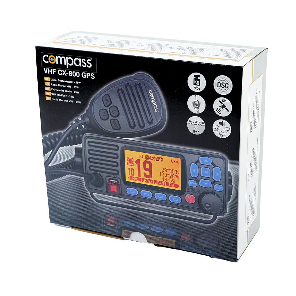 Compass CX-800 Seefunkgerät mit DSC, GPS, ATIS I IPX7 Wasserdicht I Dual Receiver & GNSS-Modul I Inklusive Binnenfunk mit großem Display