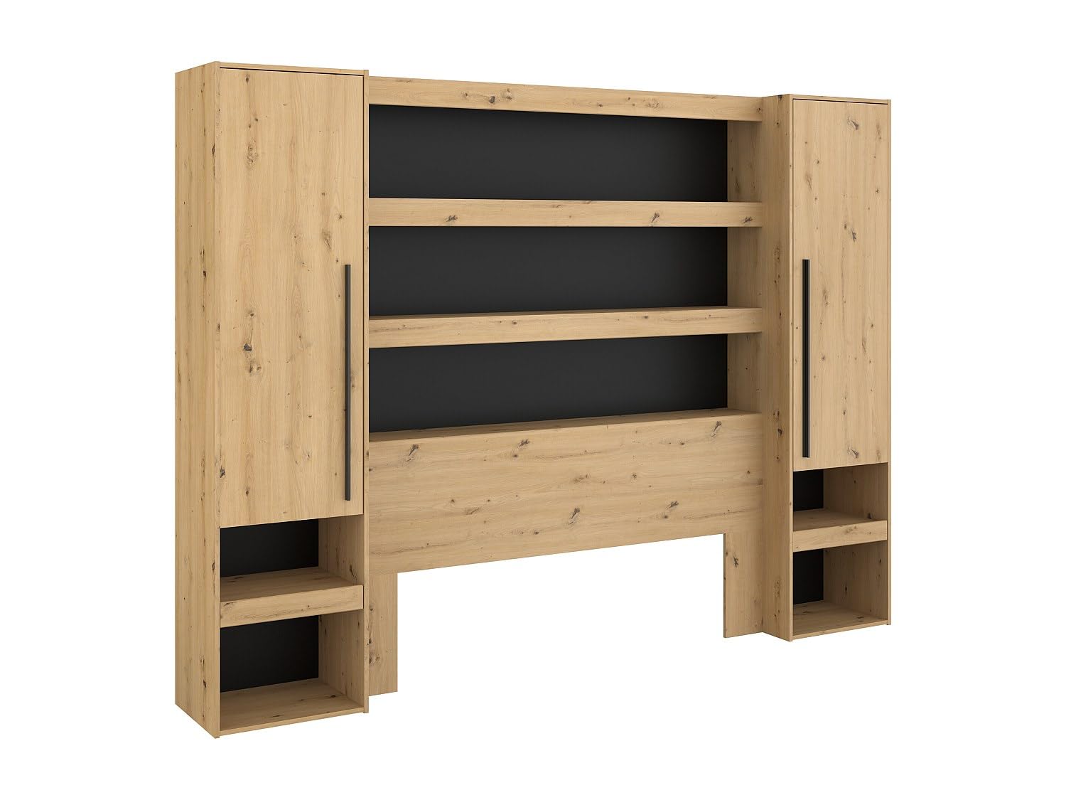 Vente-unique - Lit Pont 160 x 200 cm avec rangements - avec LEDs - Coloris : Naturel et Noir + Sommier + Matelas - VARLY