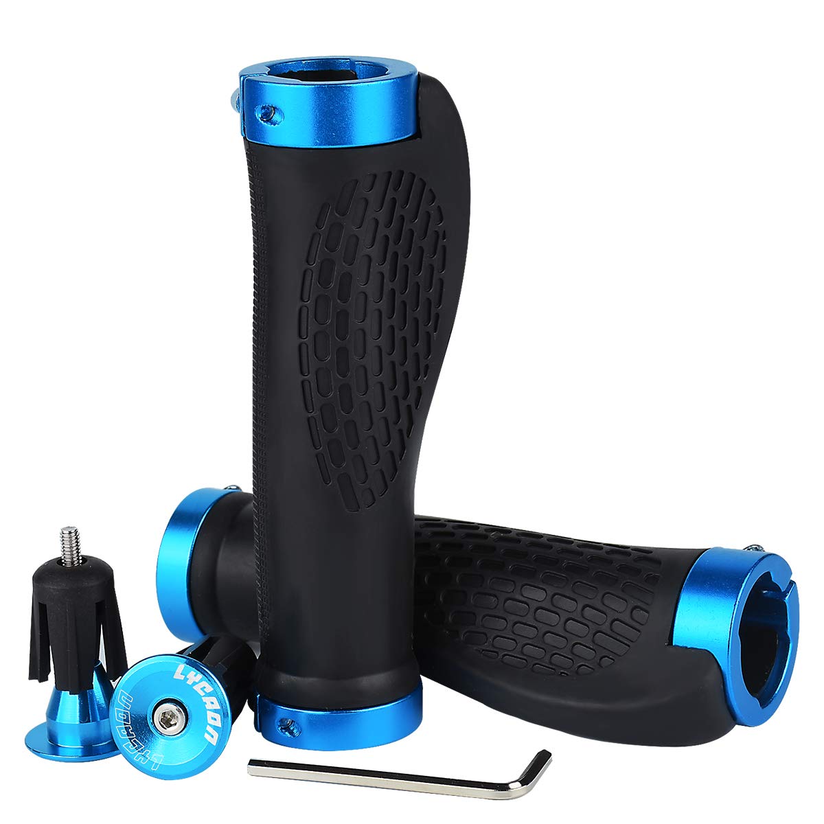 LYCAON Poignées De Vélo Ergonomiques Avec 2 Embouts En Aluminium Extensibles, Poignées De Vélo Antidérapantes Pour VTT/BMX/Montagne/Descente/ Pliable/Urbain Vélo (Bleu - Normal