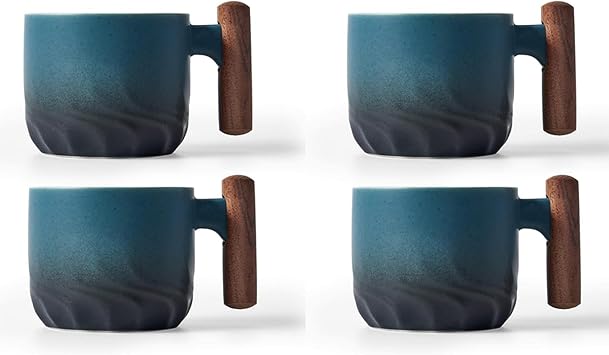 2.5oz Ceramic Espresso Cups with Wooden Handle, Chinese KungFu Tea Cup, Coffee Cups Set of 4 Blue