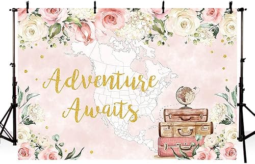Miniatura 3 de AIBIIN Fondo de 7 x 5 pies, decoración de fiesta temática de viaje, mapa del mundo, fondo de fotos, flores, viajes y aventuras, baby shower, telón