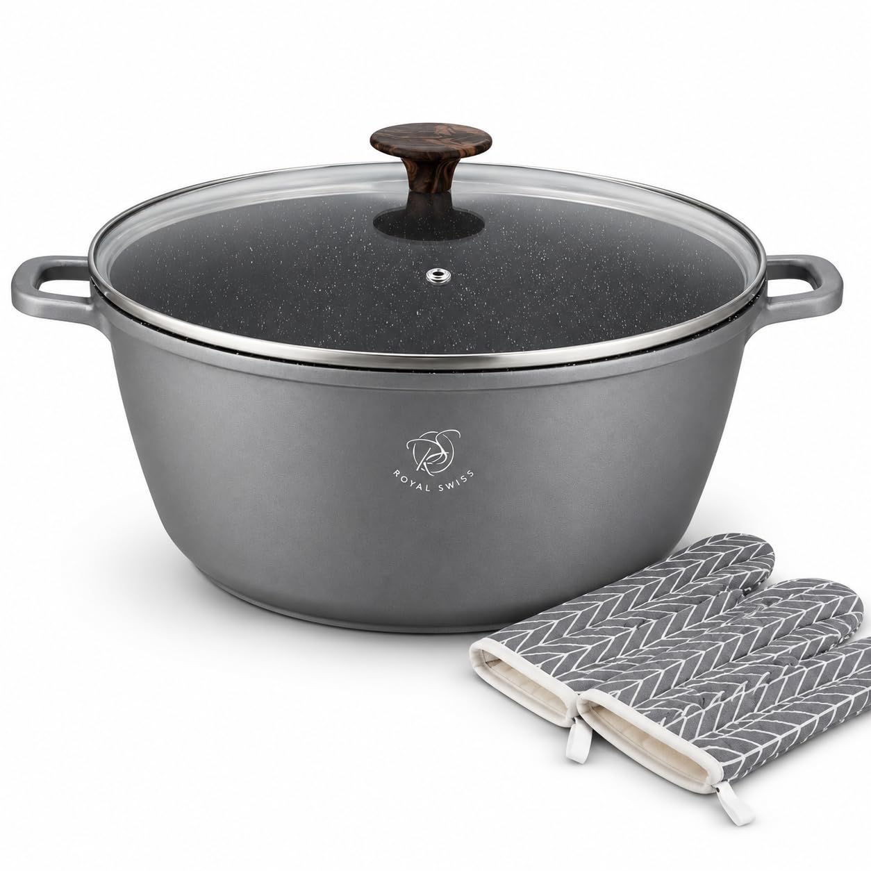 Royal Swiss - Olla (28 cm, 6 L, color gris oscuro, aluminio con revestimiento de mármol, antiadherente, tapa de cristal, inducción para todos los fuegos, compatible con horno con guantes de cocina