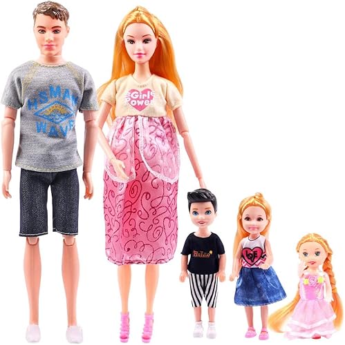 Miniatura 3 de QUEBAN Juego de 6 muñecas familiares con papá, mamá embarazada, 3 niños y bebé en la barriga de mamá y 70 piezas de accesorios y regalo, los mejores