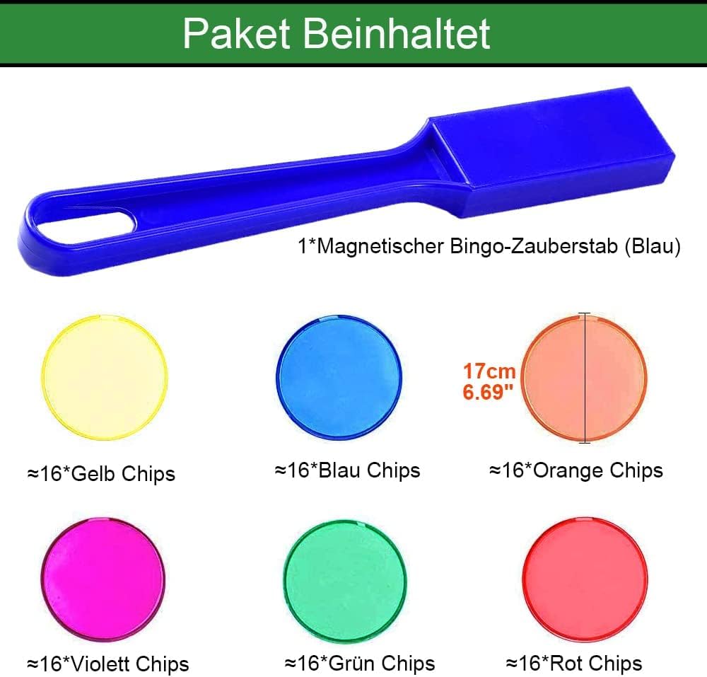 Magnetischer Bingostab mit 100 Metallringchips zum Zählen von Schul-/Spielchips Kunststoffmarkern (Blau)