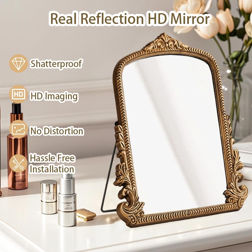Small Antique Gold Arched Table Mirror - Vintage Vanity Makeup Mirror, Traditional Baroque Style Decor for Bedroom, Living Room, Tabletop 11.8" x 9.6"